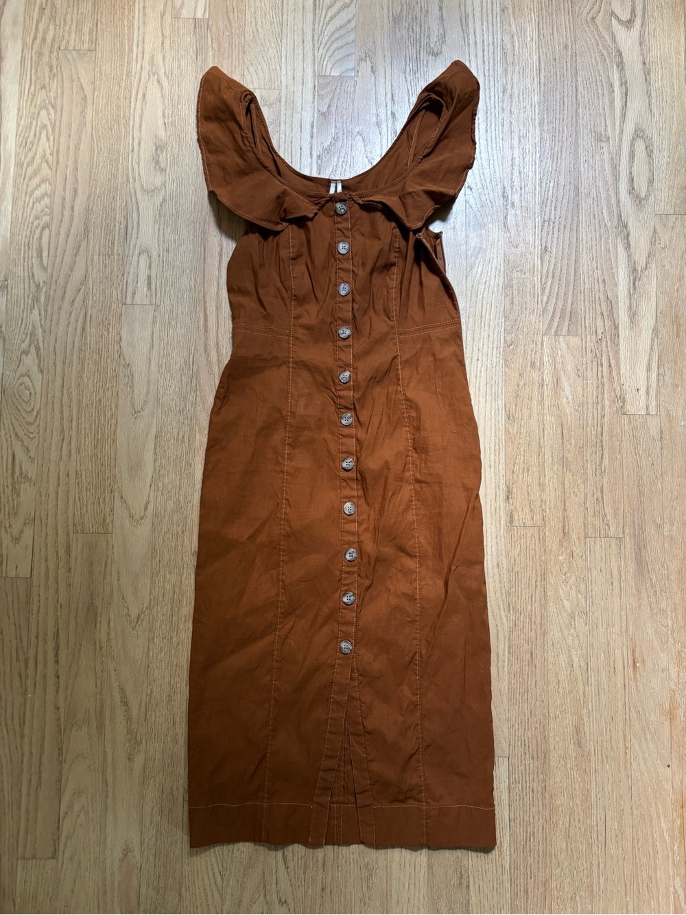 Anthropologie Rust Button-Front Midi Dress with Ruffle Neckline women’s small